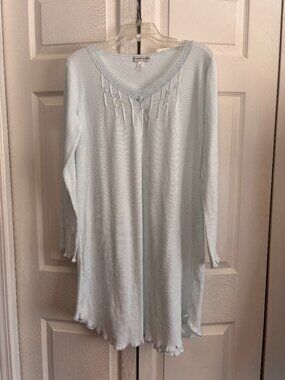 Miss Elaine Light Blue Waffle Knit Nightgown Embroidered Floral Lace Trim Long S